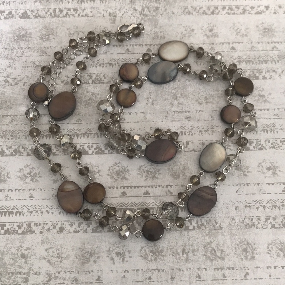 Opalescent Beaded Necklace, Neutral Tones, Long, Seashell